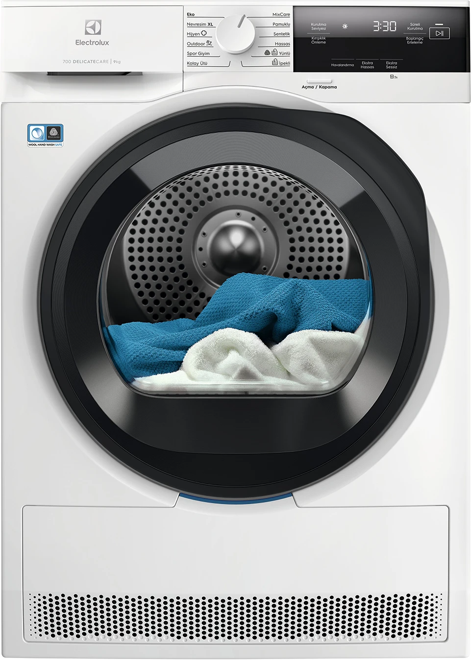 İçinde havlular bulunan beyaz Electrolux 700 kurutma makinesi